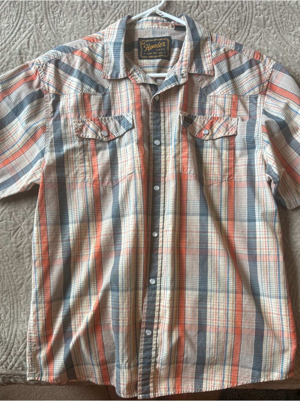 Howler Brothers Short-Sleeve Plaid Button-Up Shirt - Coral & Blue